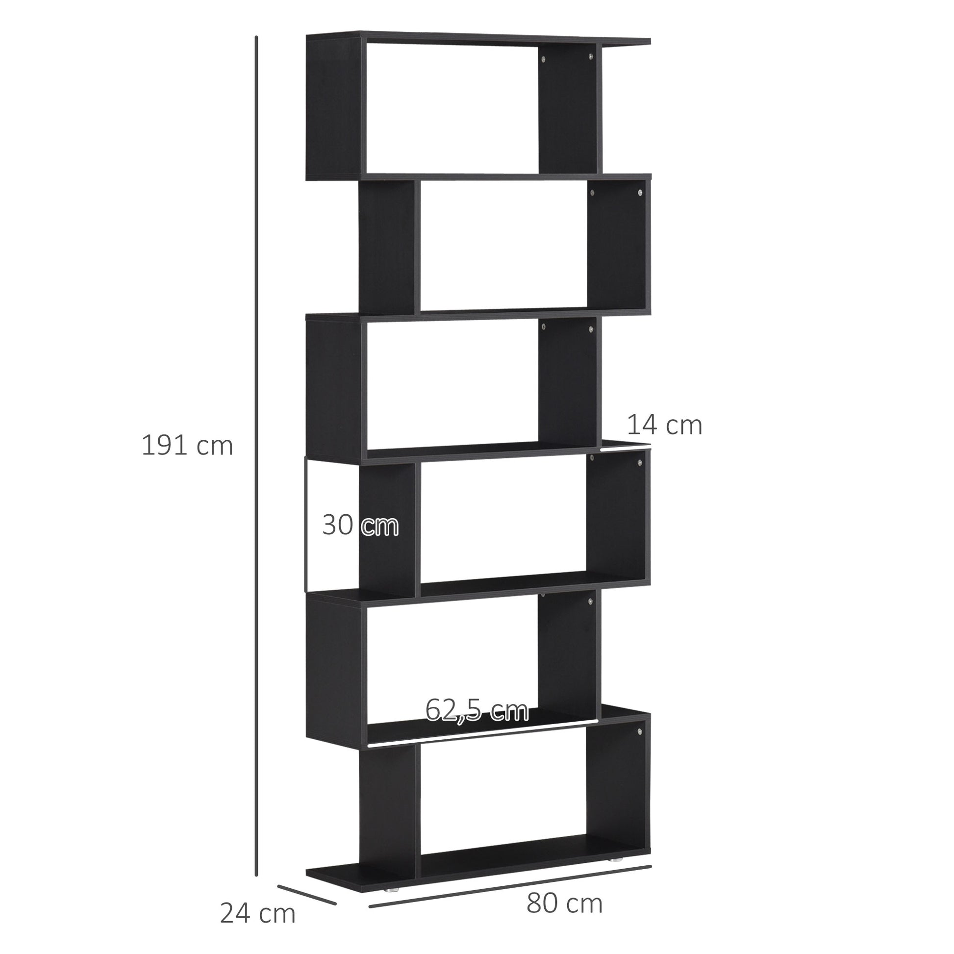 Bookshelf 6 Shelves S Shape Wood 80x24x191 cm Shelves Black