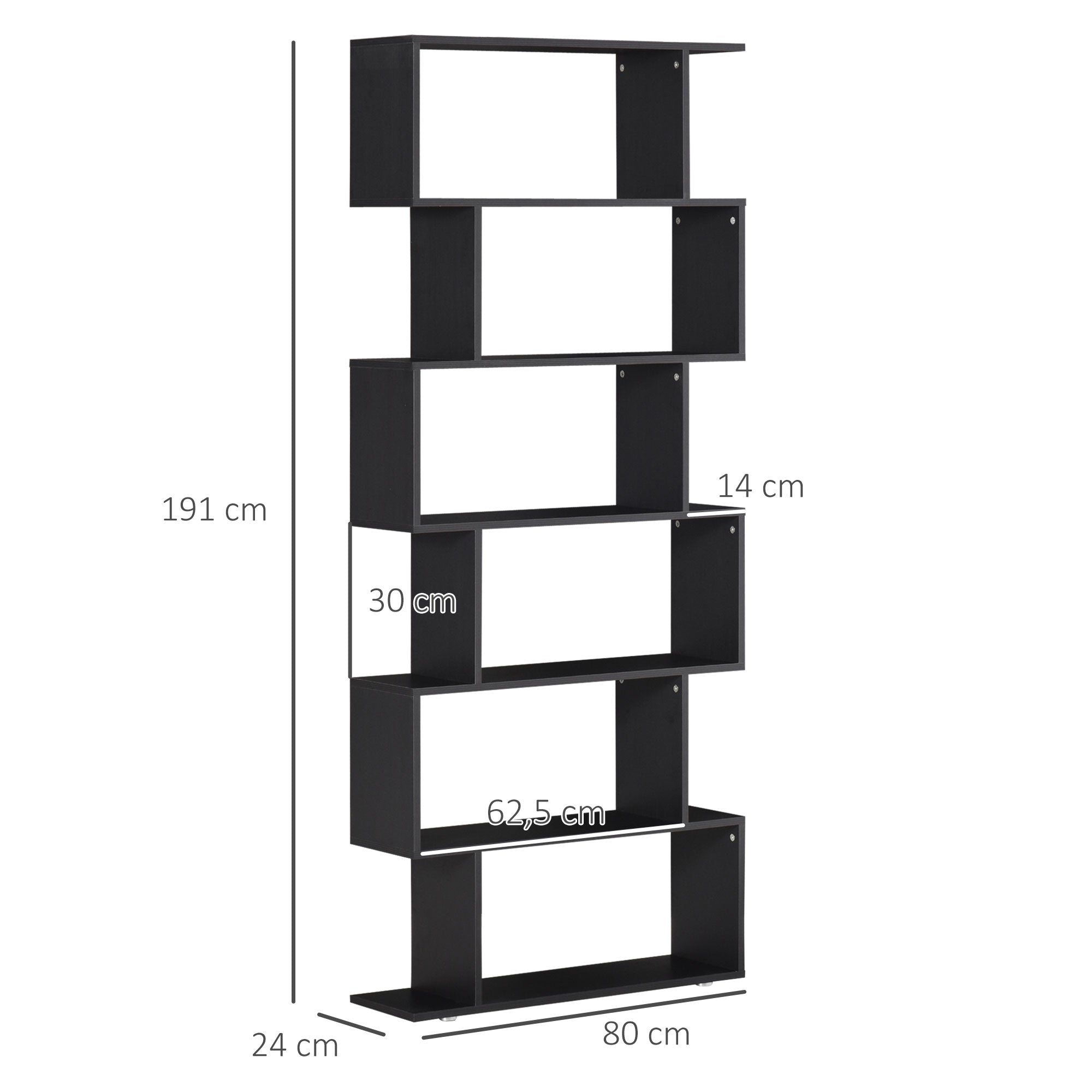 Bookshelf 6 Shelves S Shape Wood 80x24x191 cm Shelves Black