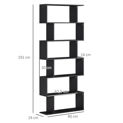 Bookshelf 6 Shelves S Shape Wood 80x24x191 cm Shelves Black