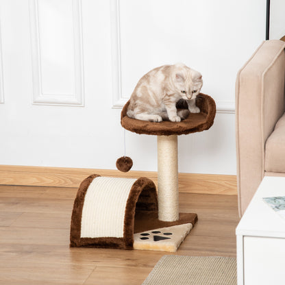 Small Cat Scratching Tree Height 46 cm 2-Level Cat Tree with Scratching Post Scratching Board Platforms and Hanging Ball Toy 35.5x37x46 cm Brown
