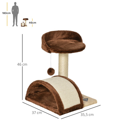 Small Cat Scratching Tree Height 46 cm 2-Level Cat Tree with Scratching Post Scratching Board Platforms and Hanging Ball Toy 35.5x37x46 cm Brown