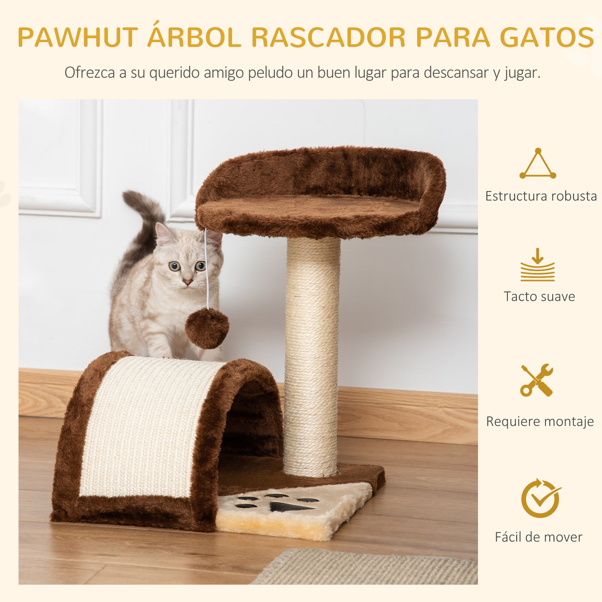 Small Cat Scratching Tree Height 46 cm 2-Level Cat Tree with Scratching Post Scratching Board Platforms and Hanging Ball Toy 35.5x37x46 cm Brown