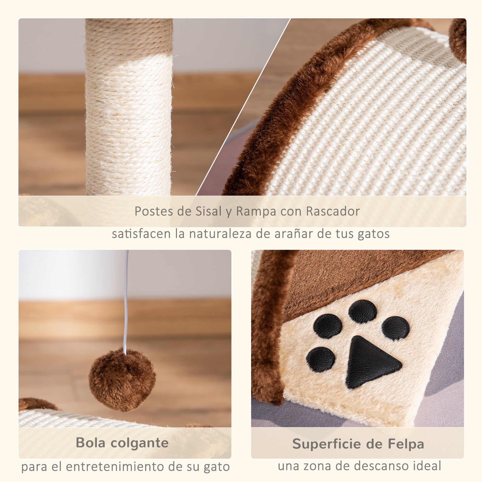 Small Cat Scratching Tree Height 46 cm 2-Level Cat Tree with Scratching Post Scratching Board Platforms and Hanging Ball Toy 35.5x37x46 cm Brown