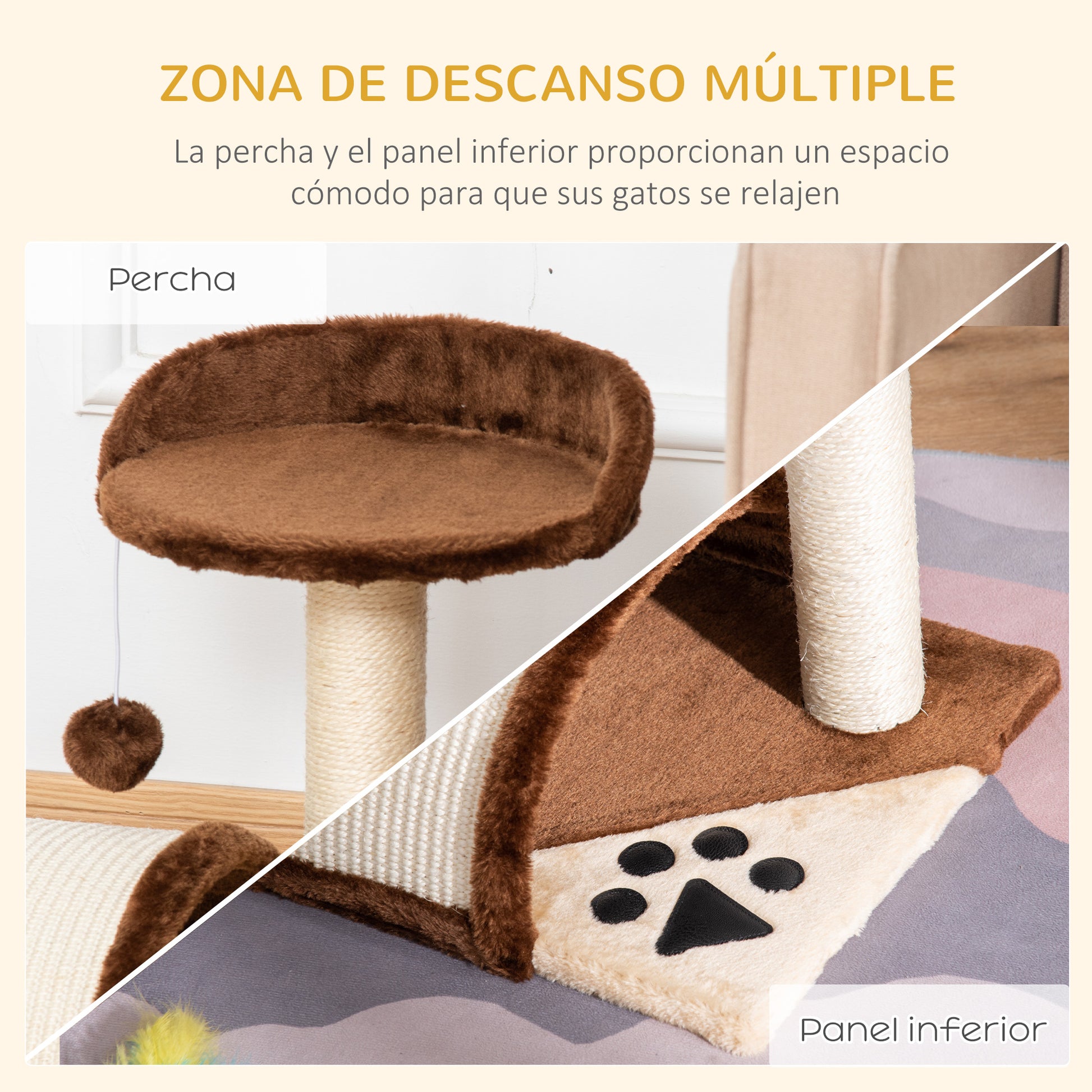 Small Cat Scratching Tree Height 46 cm 2-Level Cat Tree with Scratching Post Scratching Board Platforms and Hanging Ball Toy 35.5x37x46 cm Brown
