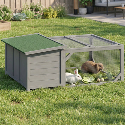 Wooden Rabbit Hutch with Run, 125.5 x 100 x 49 cm – Lift-Top Asphalt Roof, Doors, Outdoor Hutch for Rabbits & Guinea Pigs, Gray
