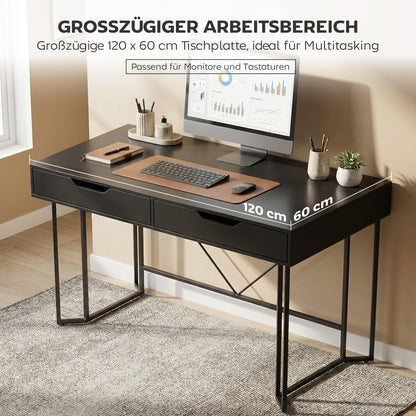 Computer Desk with 2 Drawers, Modern Design Metal Frame for Home Office & Bedroom — 47.2 x 23.6 x 30.3 in, Black
