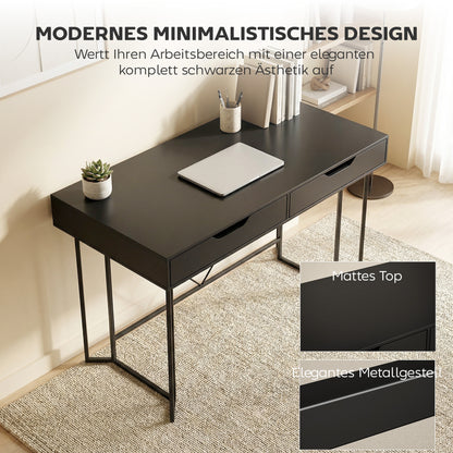 Computer Desk with 2 Drawers, Modern Design Metal Frame for Home Office & Bedroom — 47.2 x 23.6 x 30.3 in, Black