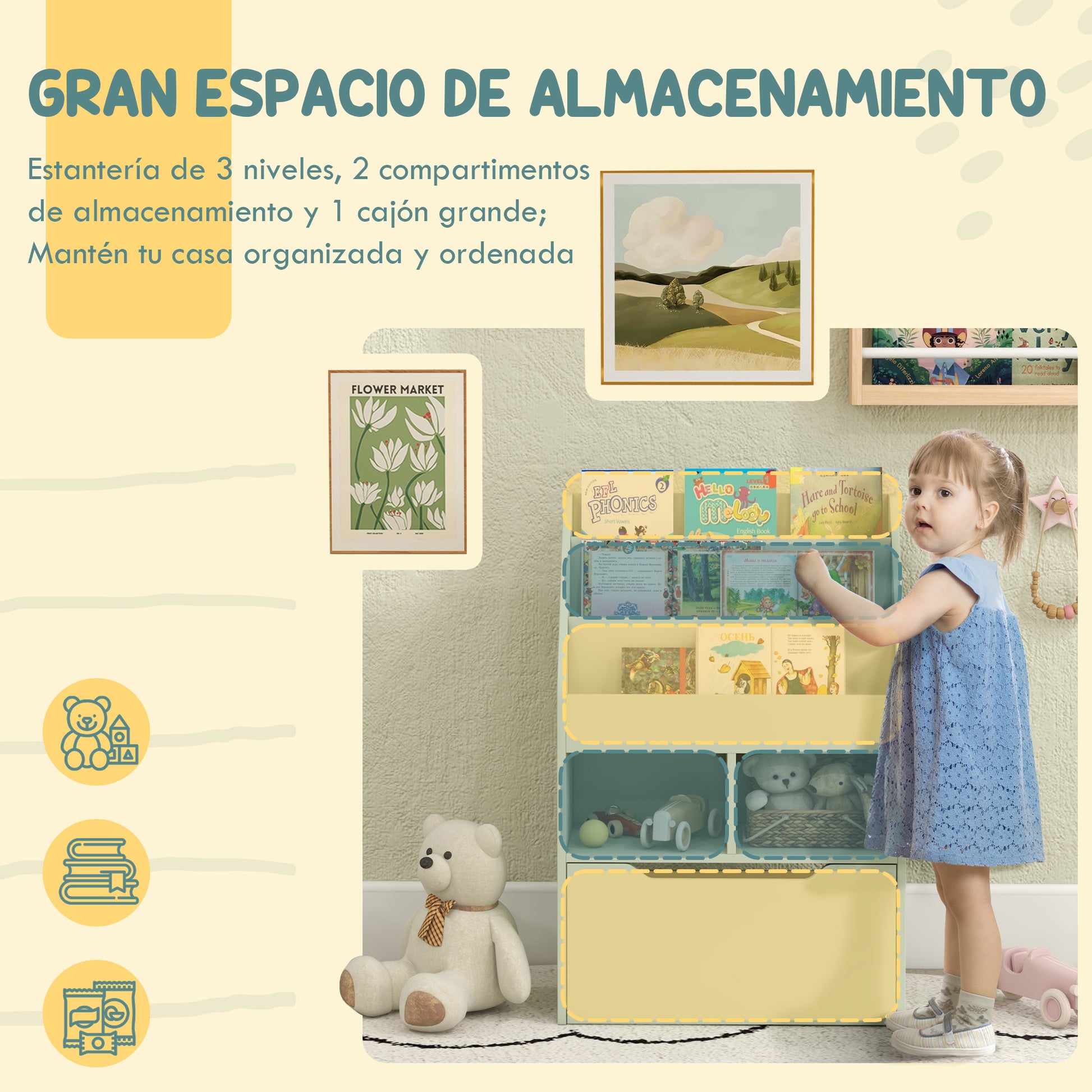 Children's Wooden Bookshelf with 3 Compartments 2 Cubes and Mobile Drawer with 4 Wheels Kids' Bookcase for Children's Room Playroom 60x29.9x90 cm Green