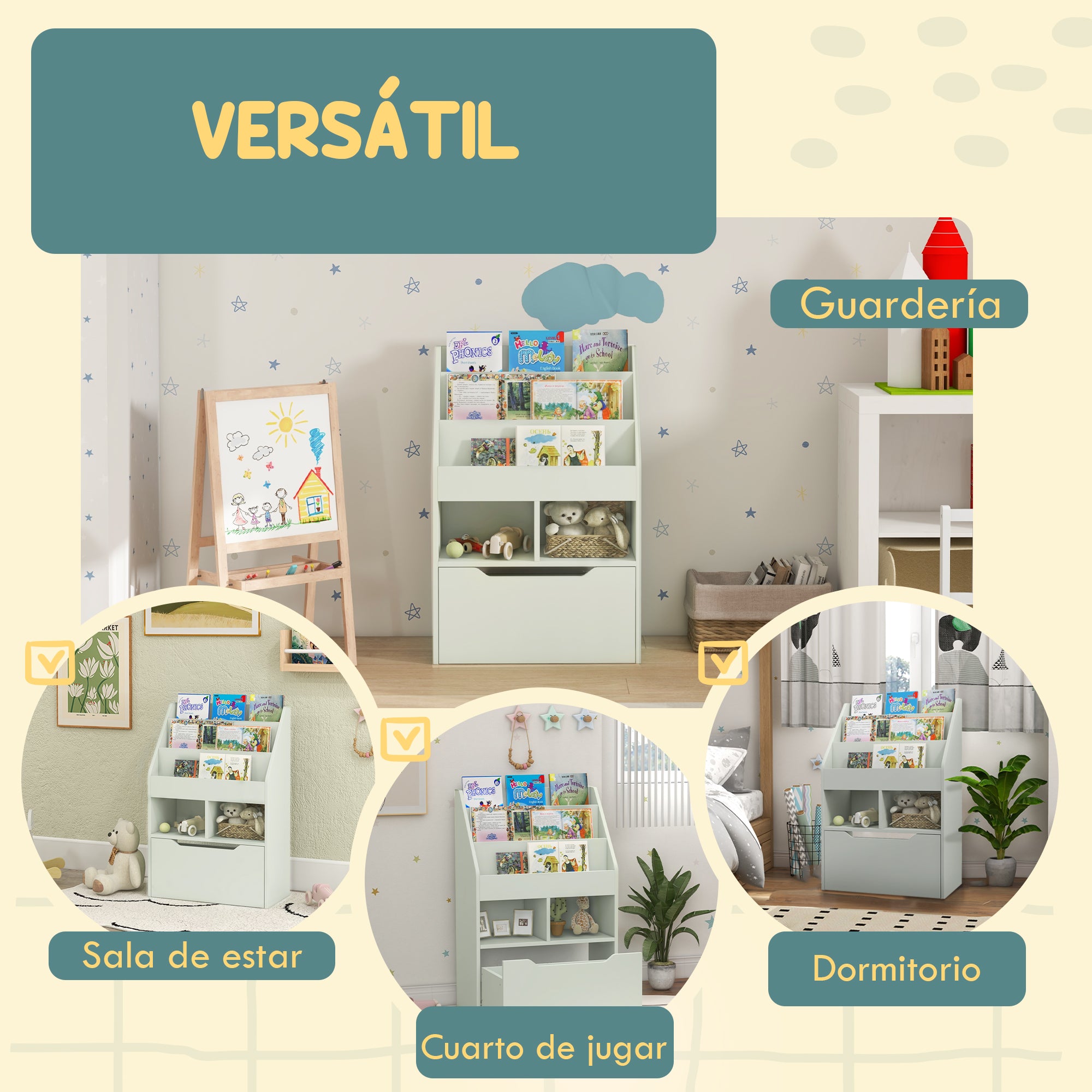 Children's Wooden Bookshelf with 3 Compartments 2 Cubes and Mobile Drawer with 4 Wheels Kids' Bookcase for Children's Room Playroom 60x29.9x90 cm Green