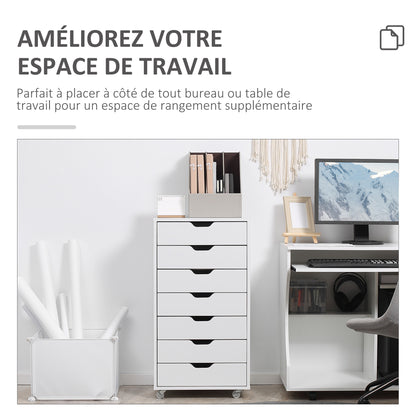 Mobile Office Cabinet, Rolling Desk Storage Cabinet with 7 Drawers - Organizer for documents, A4 or letter format, dimensions 47.5L x 39.5W x 90H cm, white