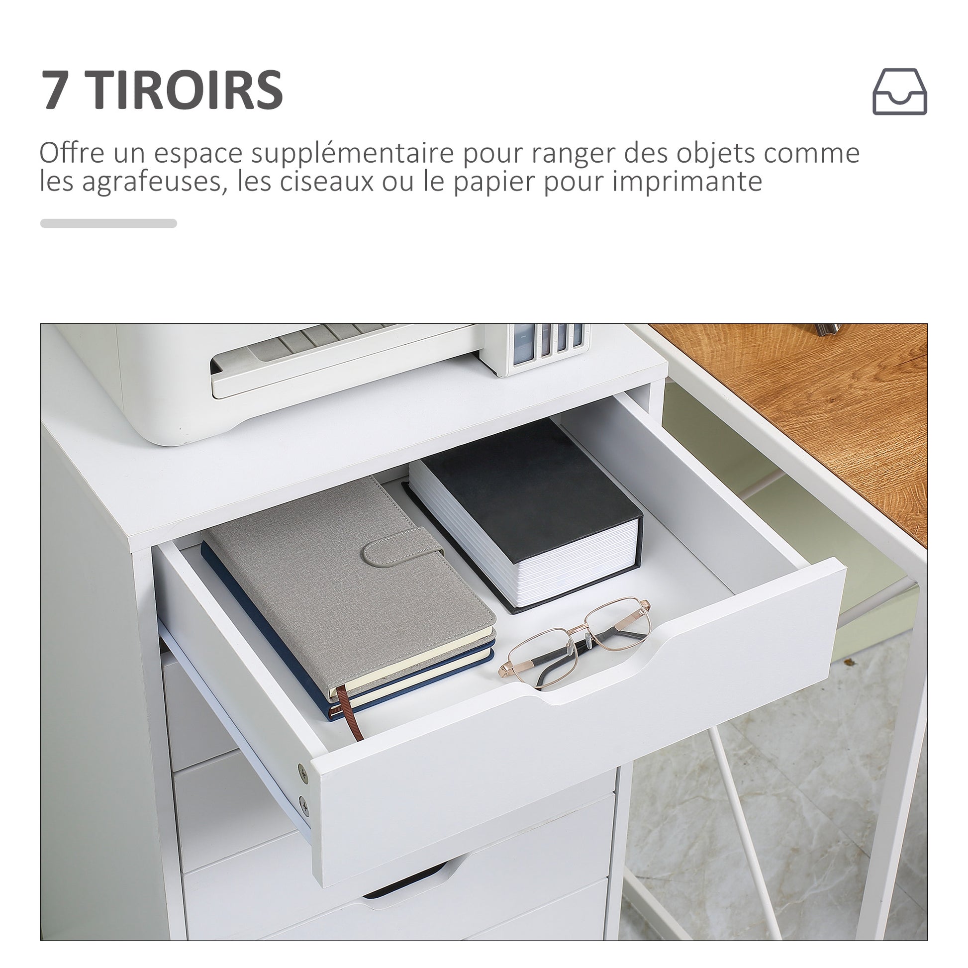 Mobile Office Cabinet, Rolling Desk Storage Cabinet with 7 Drawers - Organizer for documents, A4 or letter format, dimensions 47.5L x 39.5W x 90H cm, white