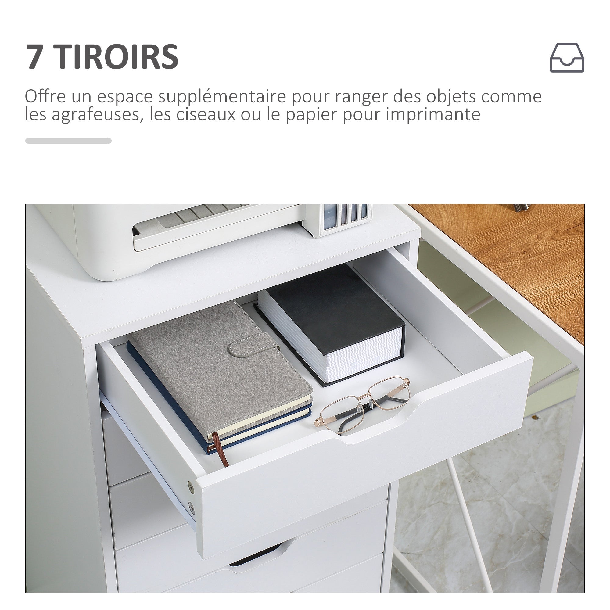 Mobile Office Cabinet, Rolling Desk Storage Cabinet with 7 Drawers - Organizer for documents, A4 or letter format, dimensions 47.5L x 39.5W x 90H cm, white