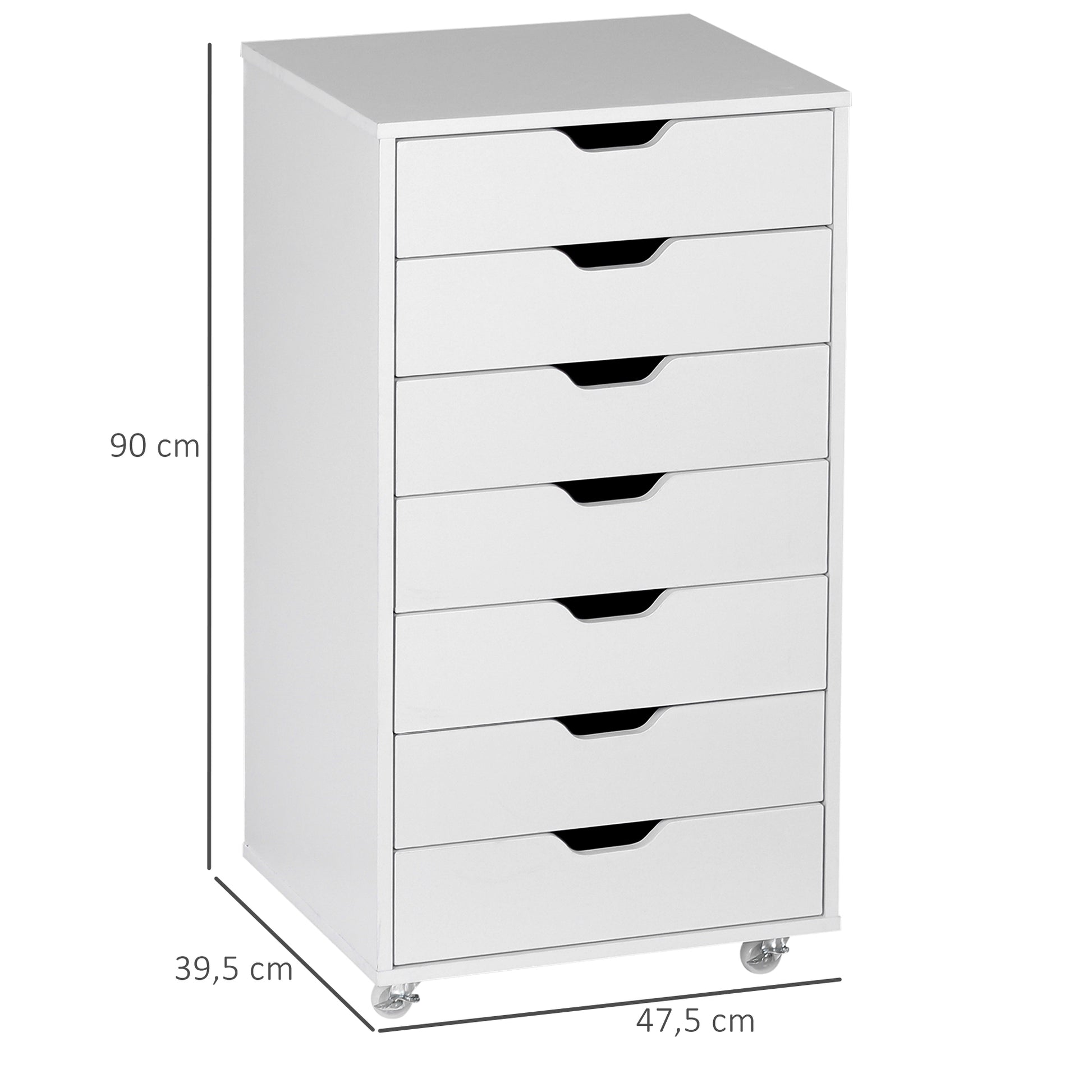 Mobile Office Cabinet, Rolling Desk Storage Cabinet with 7 Drawers - Organizer for documents, A4 or letter format, dimensions 47.5L x 39.5W x 90H cm, white
