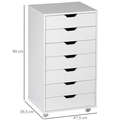Mobile Office Cabinet, Rolling Desk Storage Cabinet with 7 Drawers - Organizer for documents, A4 or letter format, dimensions 47.5L x 39.5W x 90H cm, white