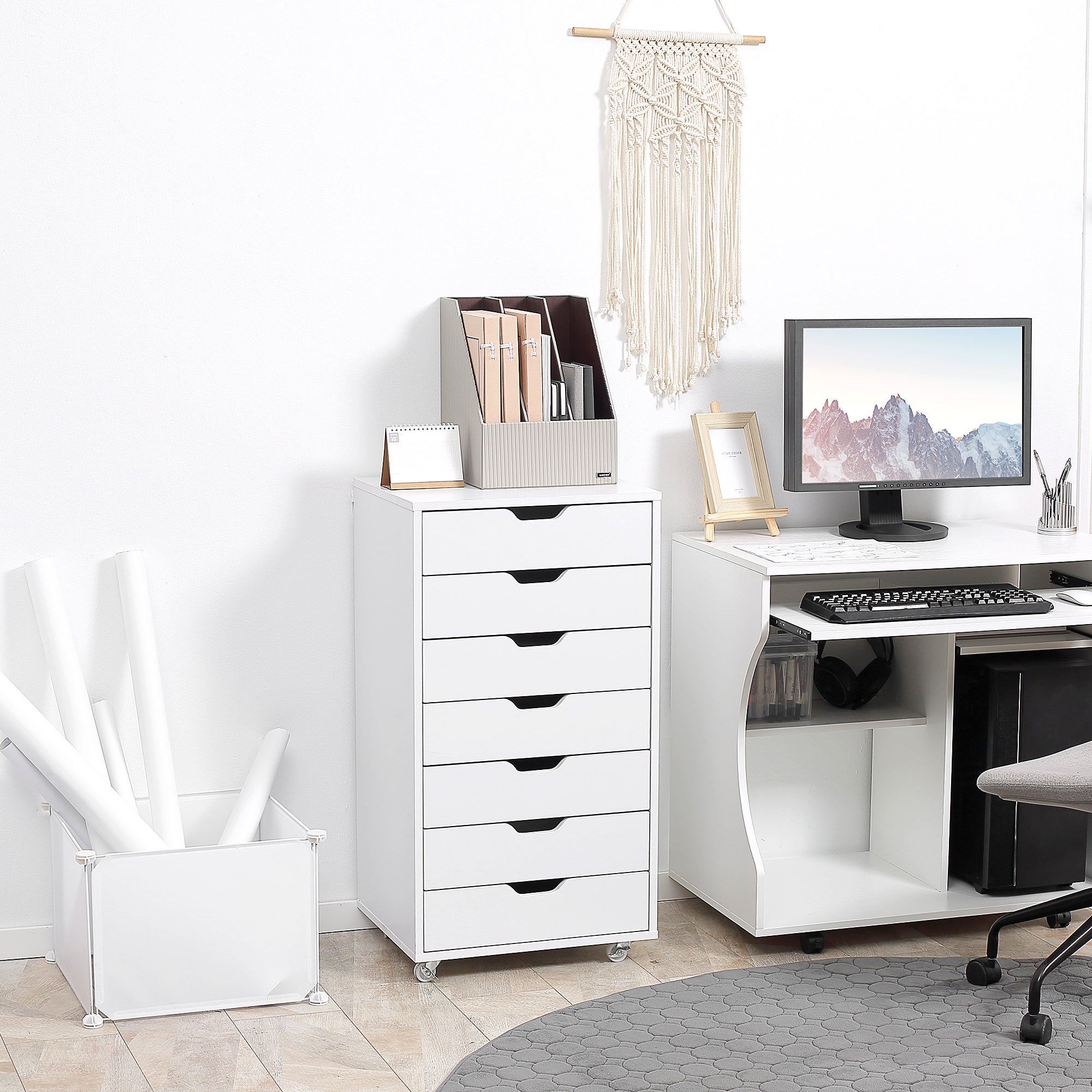 Mobile Office Cabinet, Rolling Desk Storage Cabinet with 7 Drawers - Organizer for documents, A4 or letter format, dimensions 47.5L x 39.5W x 90H cm, white