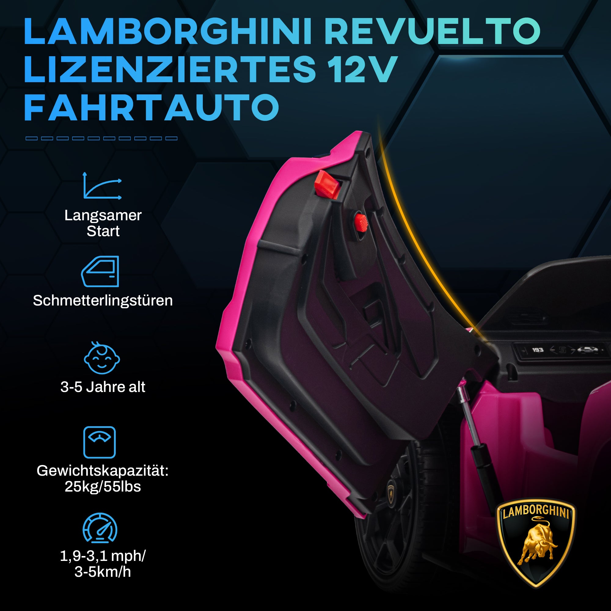 Children's Electric Car 12V Kid's Car with 2.4G Remote Control, Electric Vehicle with LED Light, USB/MP3 Connection, Scissor Doors, Sprung Wheels, 3-5 km/h, for Children 3-5 Years Old, Pink