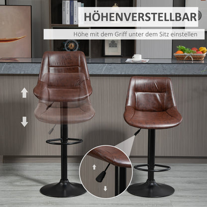 Bar Stool 2-Piece Set Bar Chair with Backrest, Counter Stool Height Adjustable, Swivel Bistro Stool with Footrest, Faux Leather, Steel, Brown