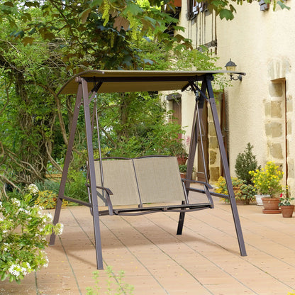2-Seater Garden Swing with Adjustable Canopy, Metal Frame, Polyester Seat and Breathable Mesh, 147x125x170cm, Brown