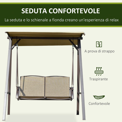 2-Seater Garden Swing with Adjustable Canopy, Metal Frame, Polyester Seat and Breathable Mesh, 147x125x170cm, Brown