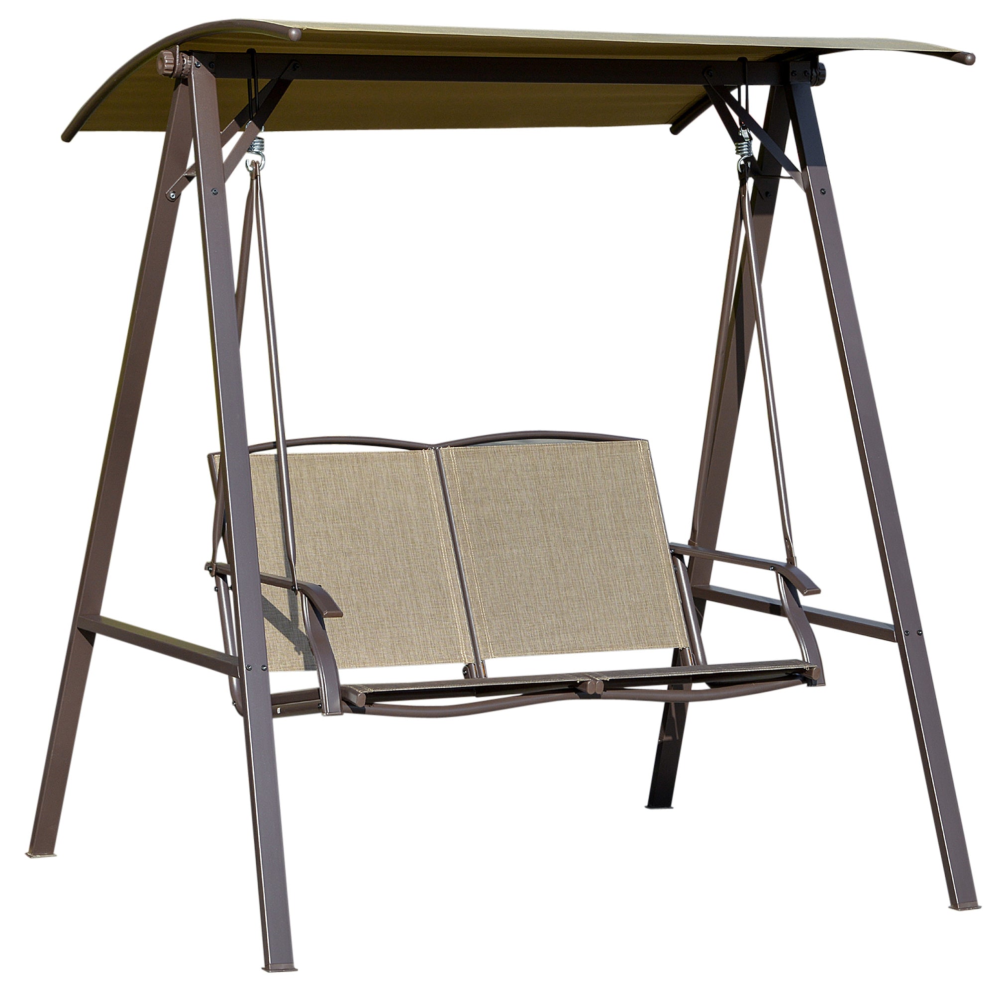 2-Seater Garden Swing with Adjustable Canopy, Metal Frame, Polyester Seat and Breathable Mesh, 147x125x170cm, Brown