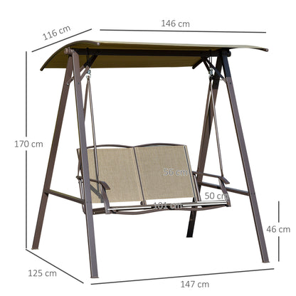 2-Seater Garden Swing with Adjustable Canopy, Metal Frame, Polyester Seat and Breathable Mesh, 147x125x170cm, Brown