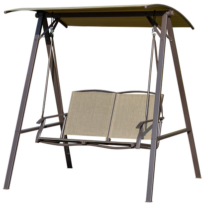 2-Seater Garden Swing with Adjustable Canopy, Metal Frame, Polyester Seat and Breathable Mesh, 147x125x170cm, Brown