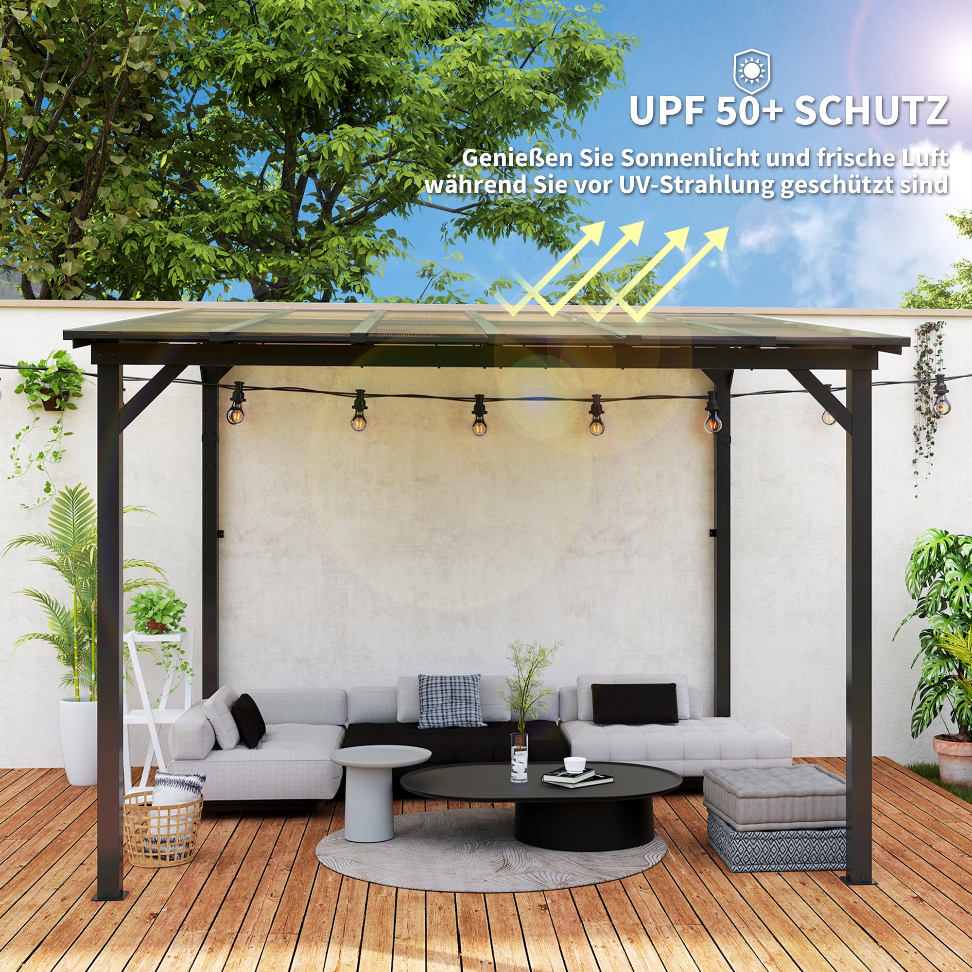 Pergola Pavilion approx. 3x3m, Waterproof, Stable, Winterproof Patio Cover with UV Protection 50+, Wall-Mounted Metal Garden Pavilion, Sunshade for Garden Terrace Balcony Dark Grey