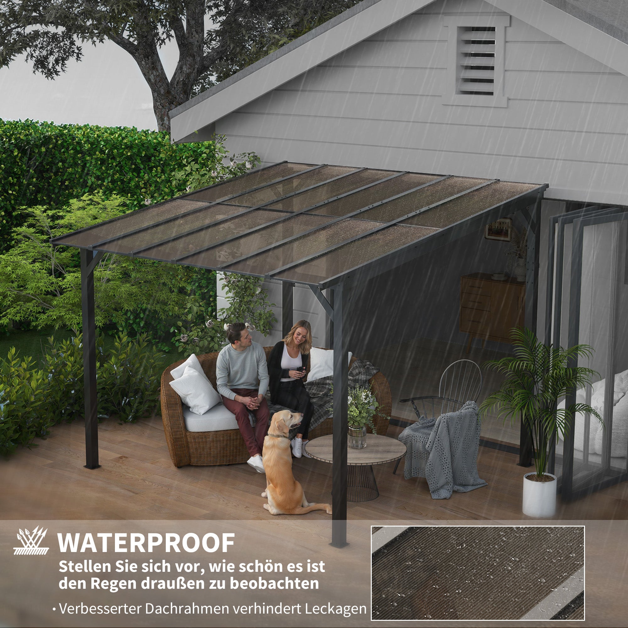 Pergola Pavilion approx. 3x3m, Waterproof, Stable, Winterproof Patio Cover with UV Protection 50+, Wall-Mounted Metal Garden Pavilion, Sunshade for Garden Terrace Balcony Dark Grey