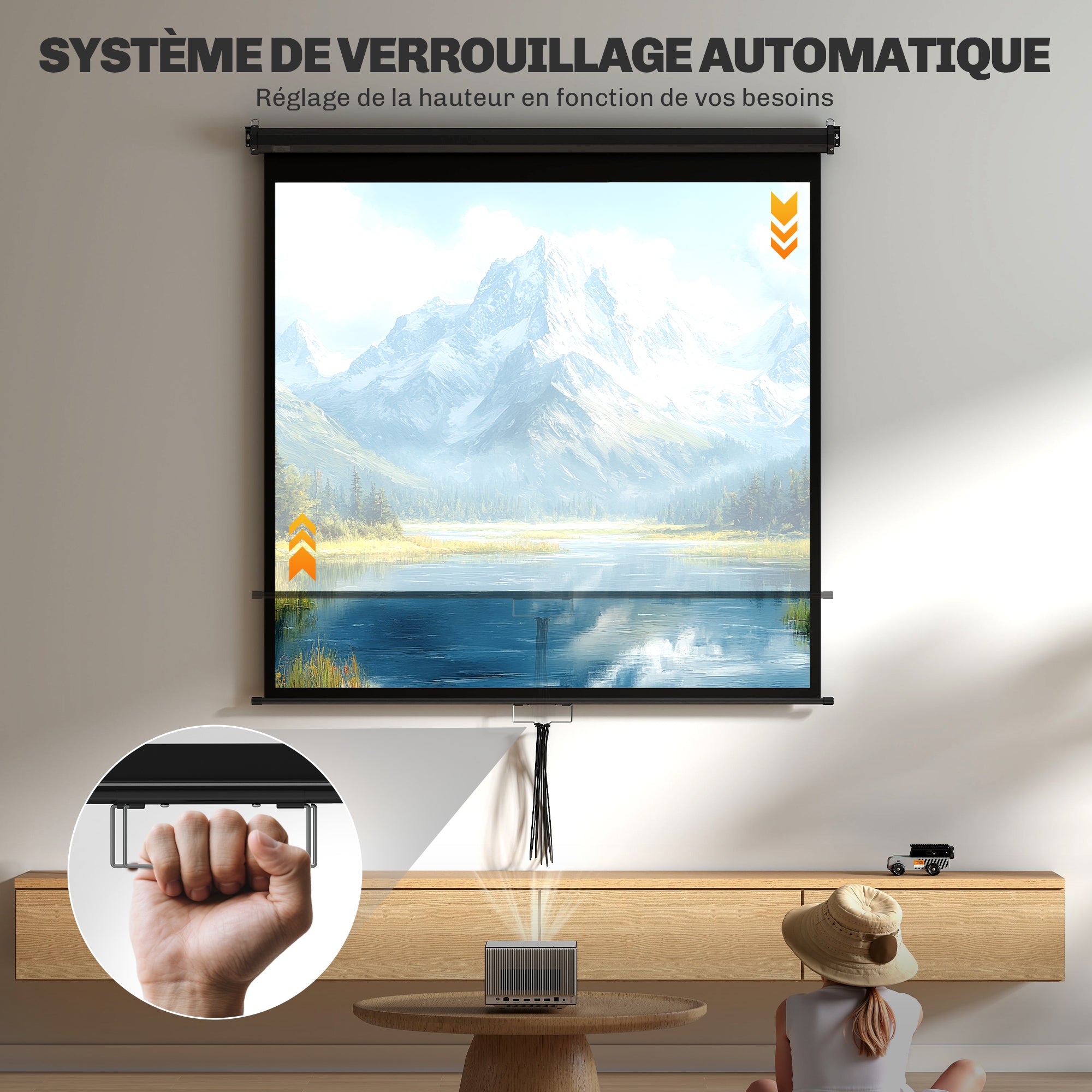 85-inch Projection Screen, Projector Screen, Home Cinema, 1:1 4K HD, Wall or Ceiling Mount, 162.5 x 8 x 162 cm, Black