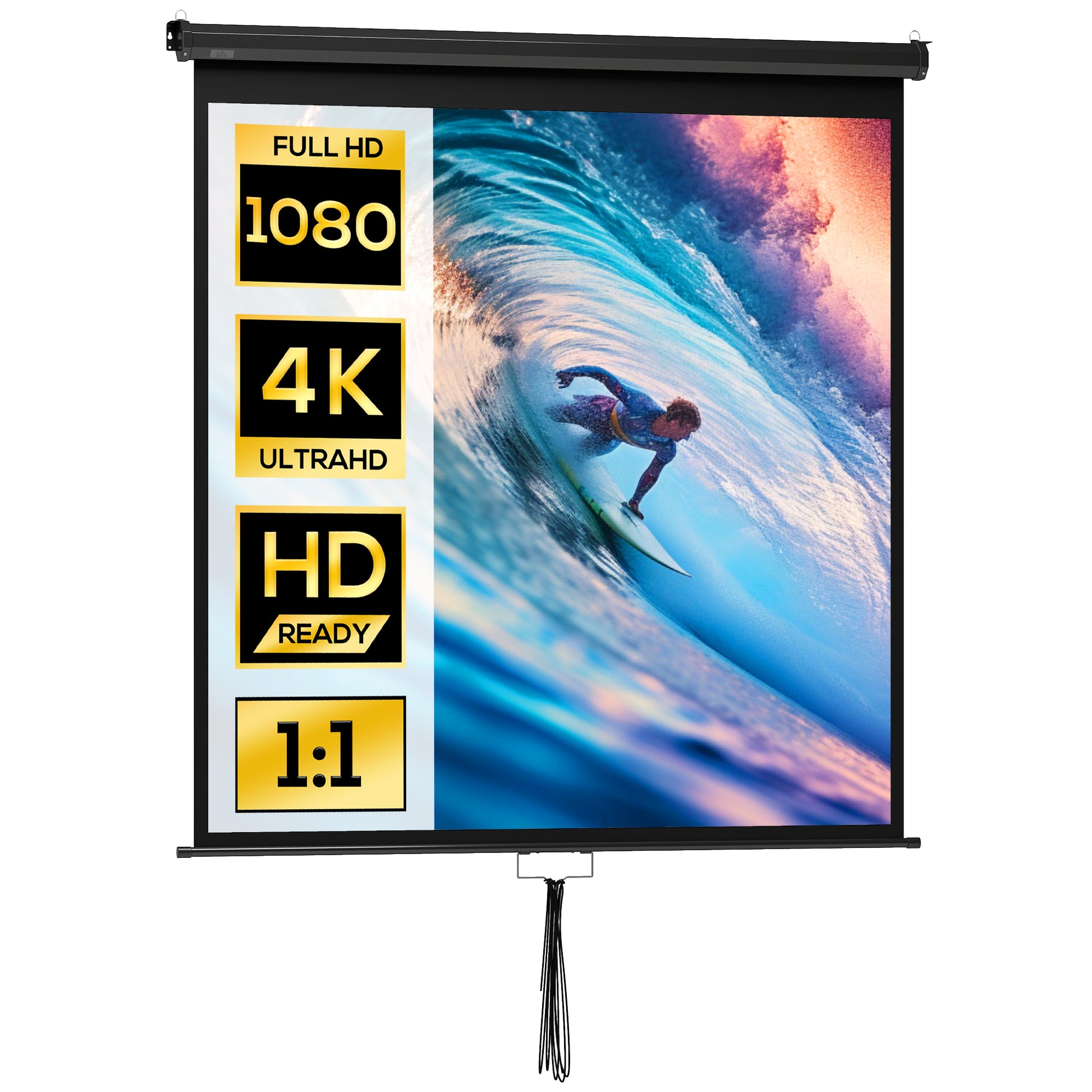 85-inch Projection Screen, Projector Screen, Home Cinema, 1:1 4K HD, Wall or Ceiling Mount, 162.5 x 8 x 162 cm, Black