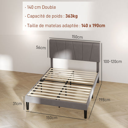 Double Bed Frame, 140 x 190 cm, Bed for 2 persons, Metal Frame, Adjustable Headboard, with Slatted Base, Storage under the Bed, Easy Assembly, Gray