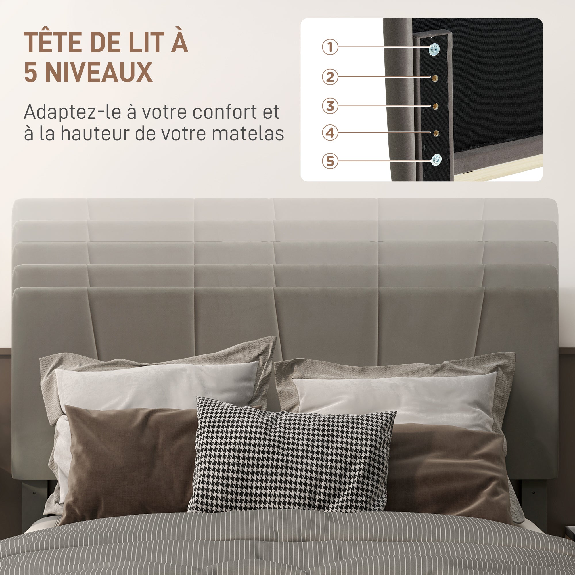 Double Bed Frame, 140 x 190 cm, Bed for 2 persons, Metal Frame, Adjustable Headboard, with Slatted Base, Storage under the Bed, Easy Assembly, Gray
