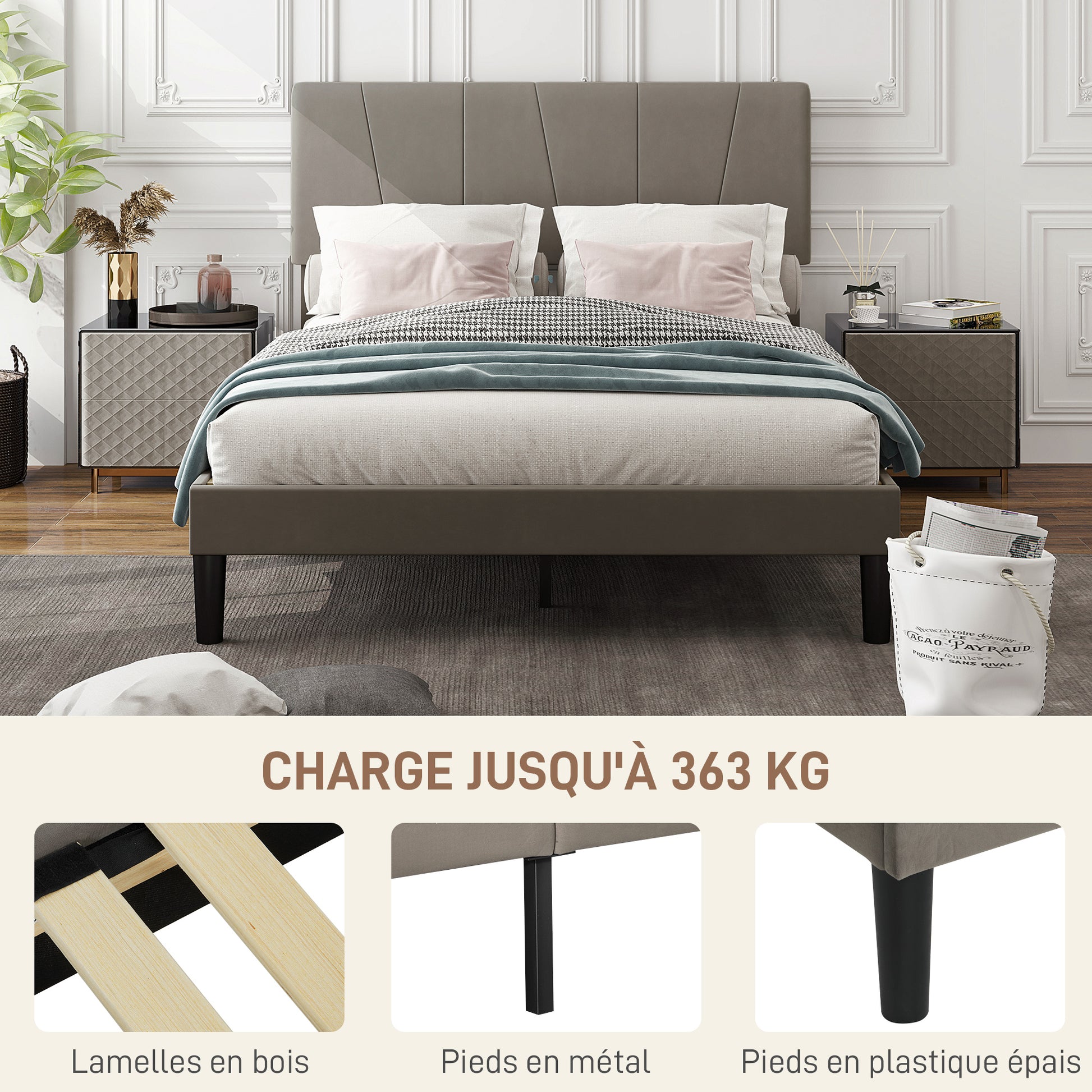 Double Bed Frame, 140 x 190 cm, Bed for 2 persons, Metal Frame, Adjustable Headboard, with Slatted Base, Storage under the Bed, Easy Assembly, Gray
