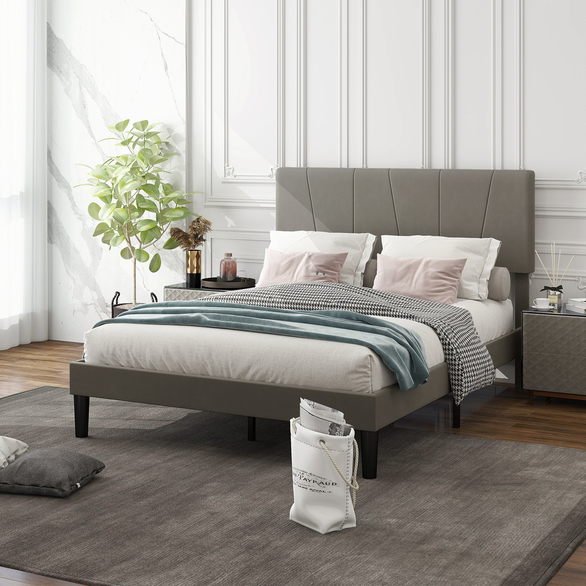 Double Bed Frame, 140 x 190 cm, Bed for 2 persons, Metal Frame, Adjustable Headboard, with Slatted Base, Storage under the Bed, Easy Assembly, Gray