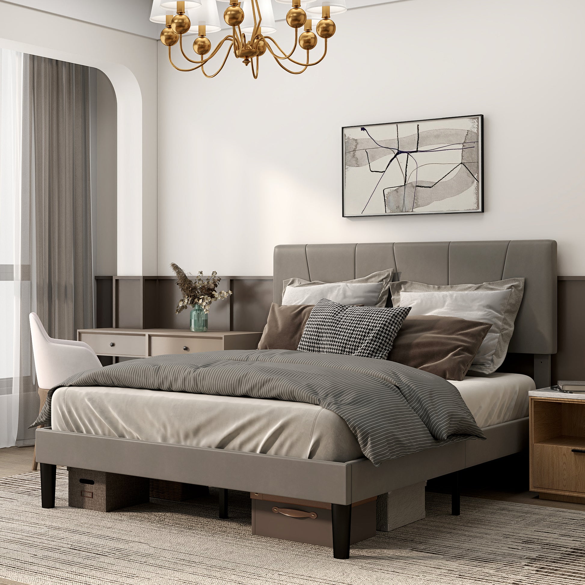 Double Bed Frame, 140 x 190 cm, Bed for 2 persons, Metal Frame, Adjustable Headboard, with Slatted Base, Storage under the Bed, Easy Assembly, Gray