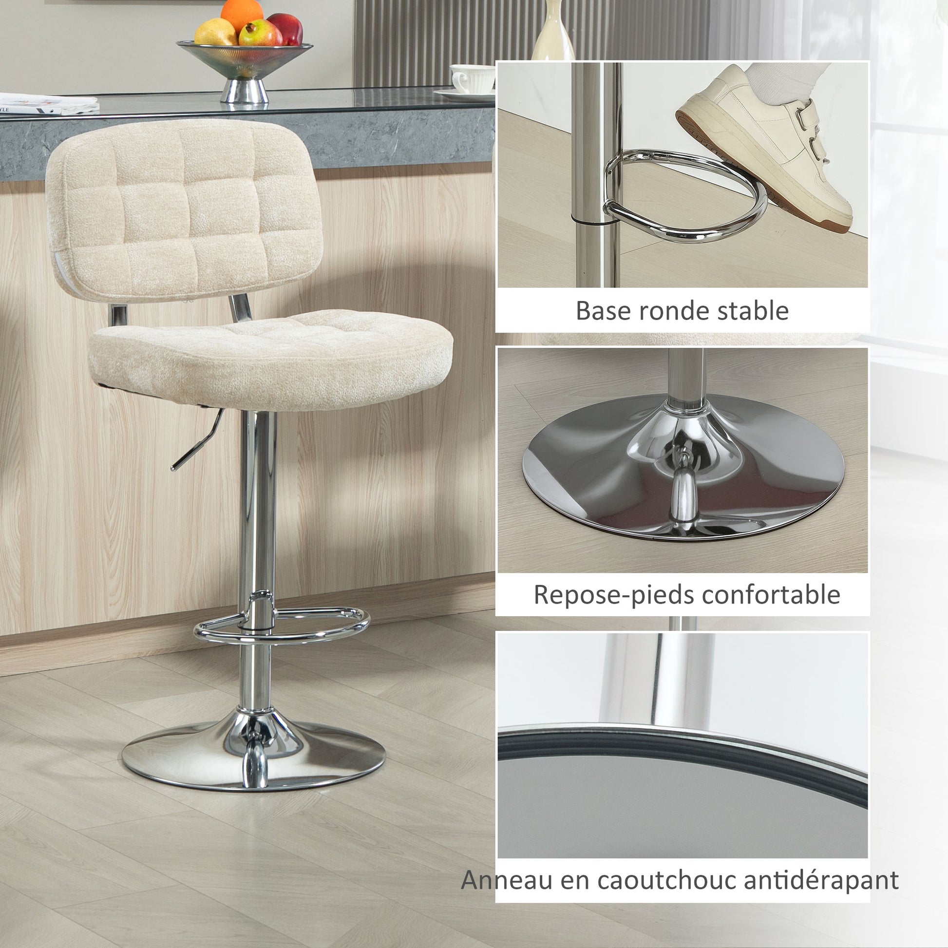 Set of 2 Bar Stools, Swivel Bar Chairs, Tall Kitchen Chairs with Backrest, Adjustable Height and Footrest, Steel Frame, 120 Kg Capacity, Beige