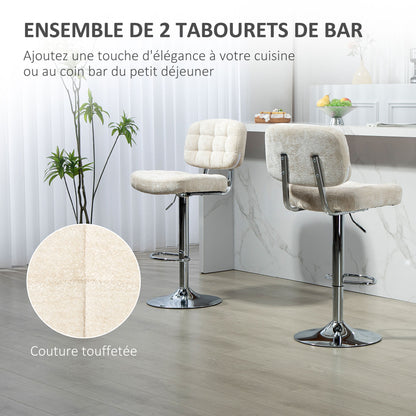 Set of 2 Bar Stools, Swivel Bar Chairs, Tall Kitchen Chairs with Backrest, Adjustable Height and Footrest, Steel Frame, 120 Kg Capacity, Beige