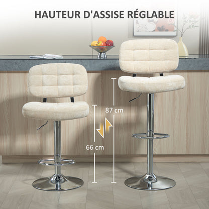 Set of 2 Bar Stools, Swivel Bar Chairs, Tall Kitchen Chairs with Backrest, Adjustable Height and Footrest, Steel Frame, 120 Kg Capacity, Beige