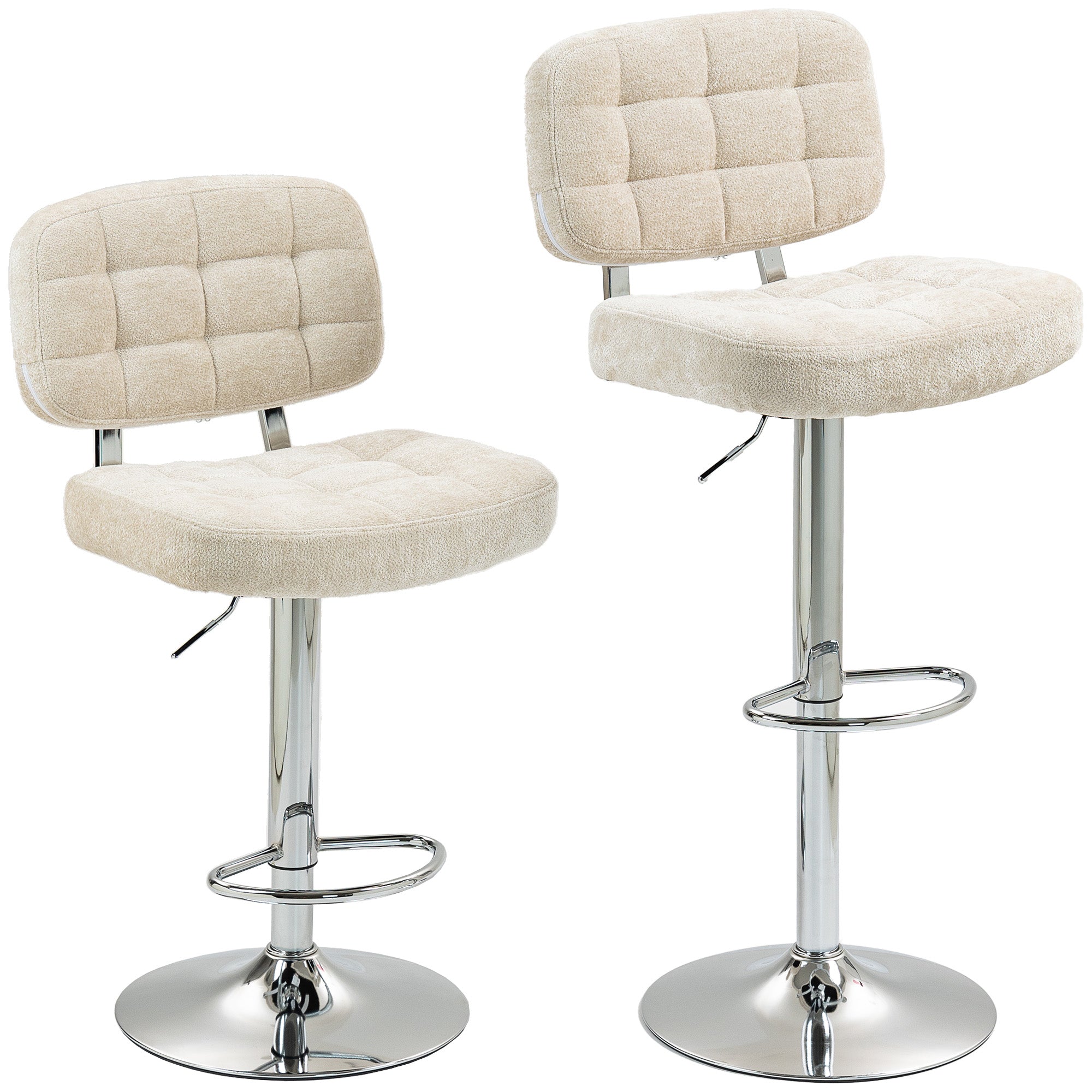Set of 2 Bar Stools, Swivel Bar Chairs, Tall Kitchen Chairs with Backrest, Adjustable Height and Footrest, Steel Frame, 120 Kg Capacity, Beige