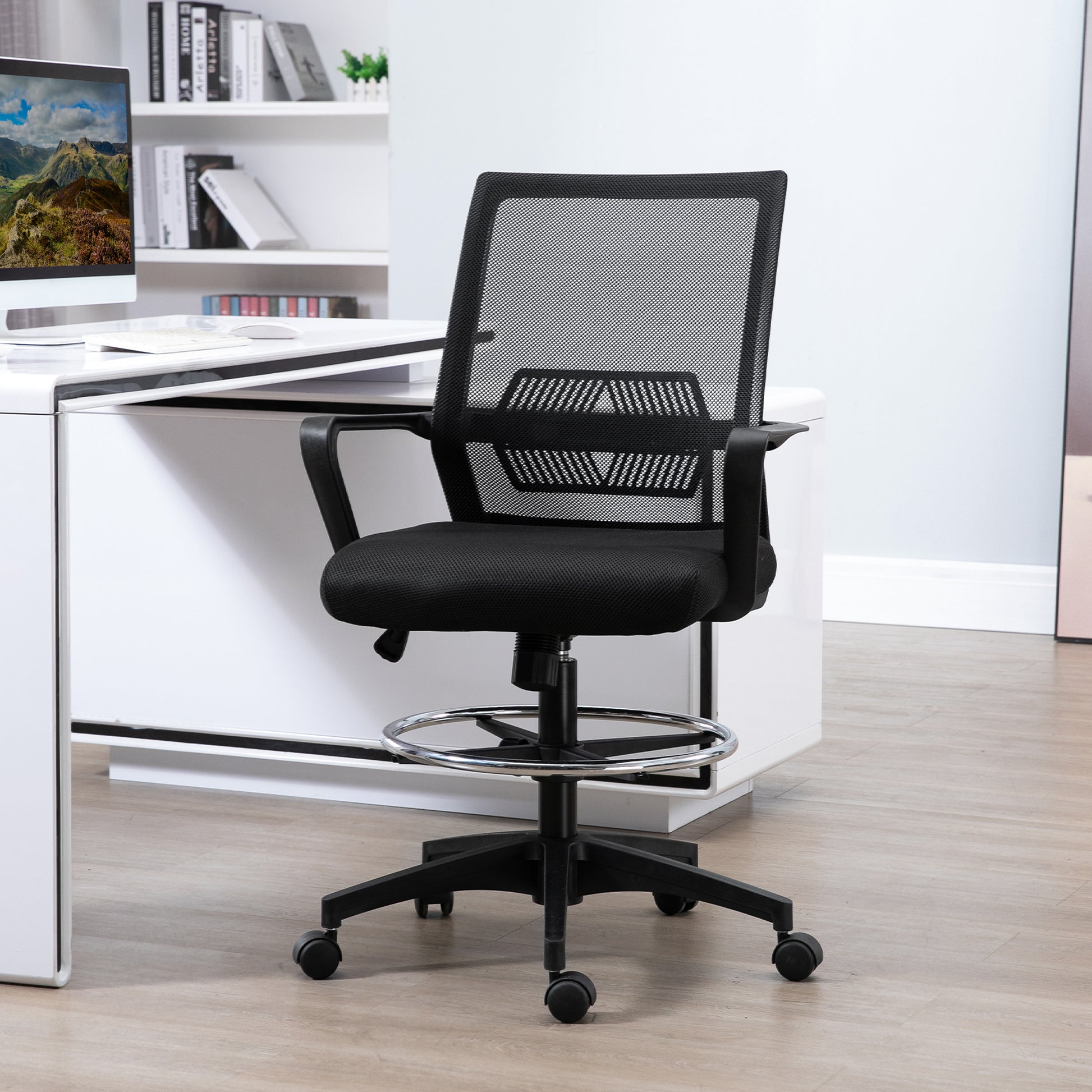 Office Chair Ergonomic Desk Chair with Adjustable Foot Ring, Lumbar Support, Height Adjustable Swivel Chair with Mesh Upholstery, Drafting Chair with Rocking Function, Office Chair Black