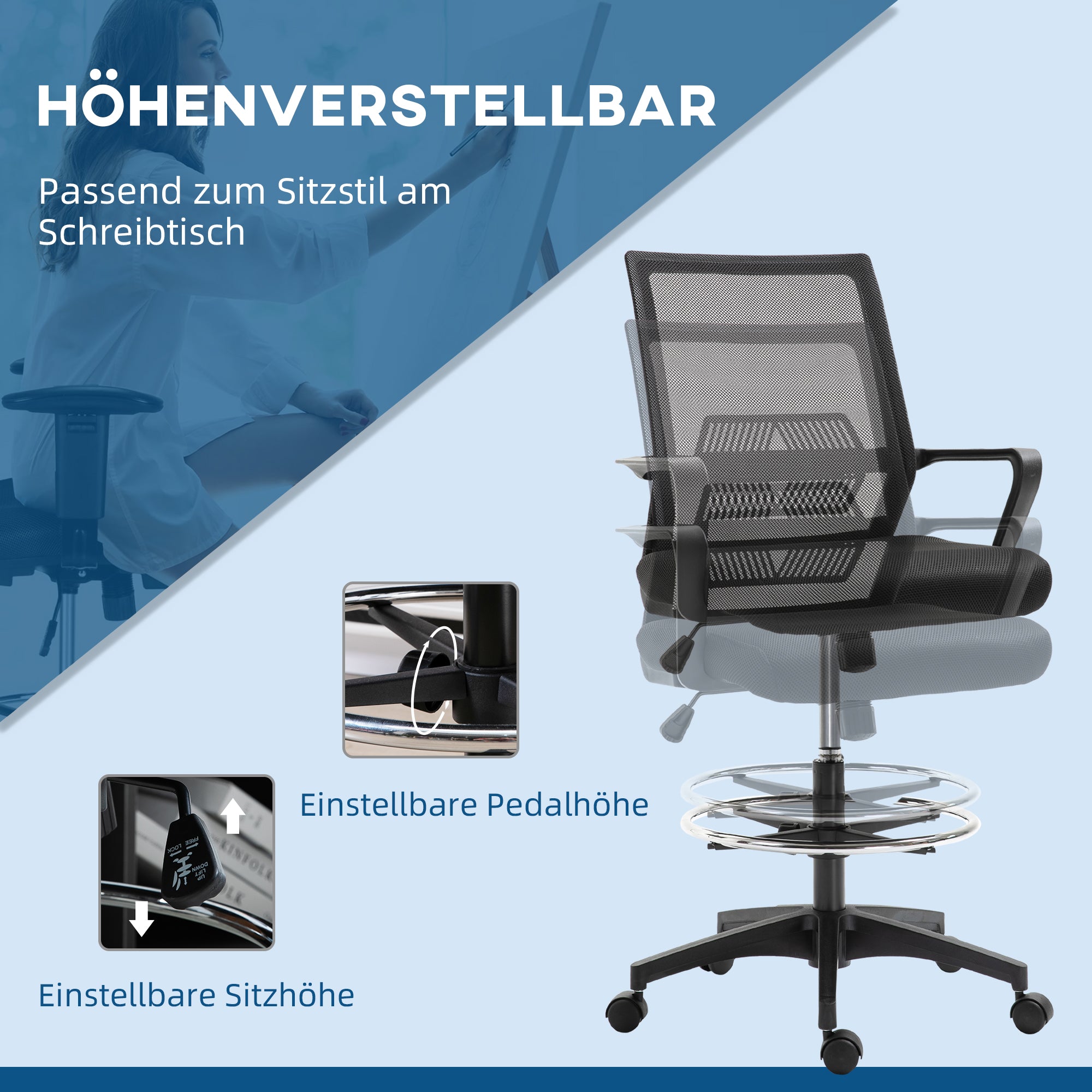Office Chair Ergonomic Desk Chair with Adjustable Foot Ring, Lumbar Support, Height Adjustable Swivel Chair with Mesh Upholstery, Drafting Chair with Rocking Function, Office Chair Black