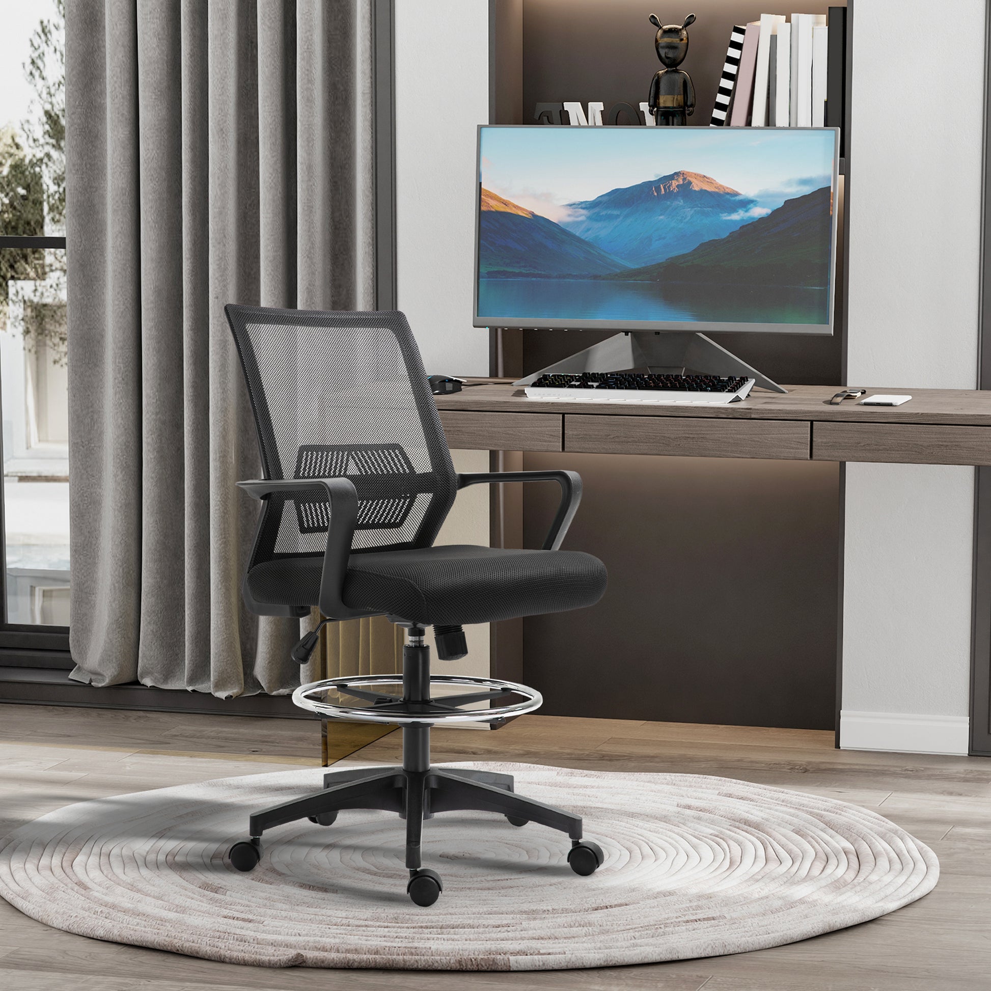 Office Chair Ergonomic Desk Chair with Adjustable Foot Ring, Lumbar Support, Height Adjustable Swivel Chair with Mesh Upholstery, Drafting Chair with Rocking Function, Office Chair Black