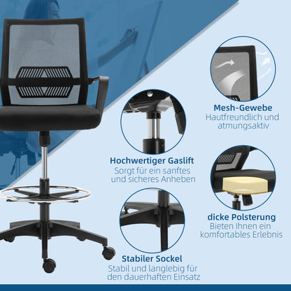 Office Chair Ergonomic Desk Chair with Adjustable Foot Ring, Lumbar Support, Height Adjustable Swivel Chair with Mesh Upholstery, Drafting Chair with Rocking Function, Office Chair Black