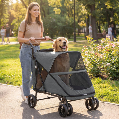 Foldable Dog Stroller – Up to 88 lb, 4-Wheel Suspension, 360° Swivel Front Wheels, Washable Cushion, Adjustable Handle, Gray