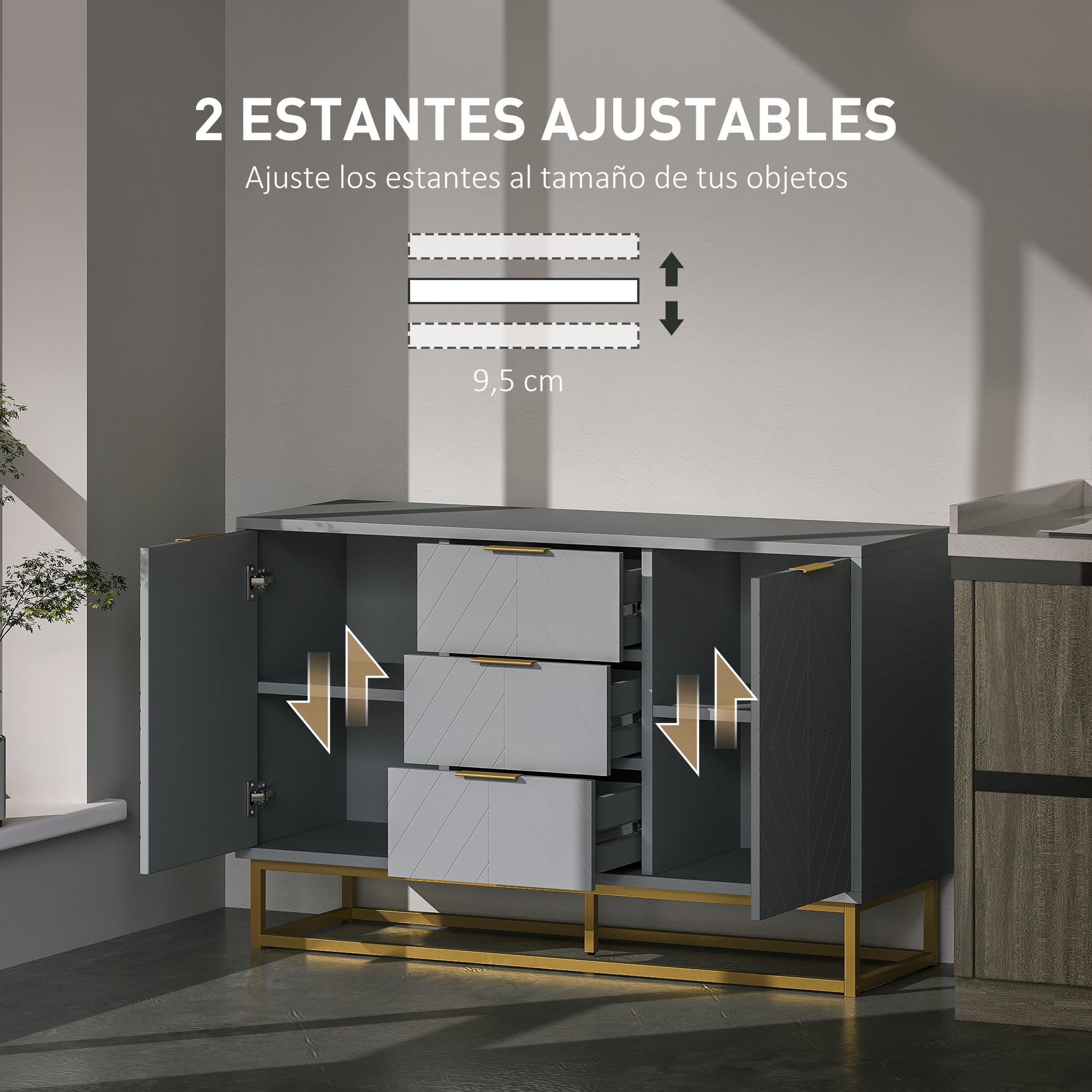 Modern Sideboard for Living Room with 3 Drawers 2 Doors and Adjustable Shelf Side Cabinet for Living Room Kitchen Anti-Tipping 120x40x76 cm Gray