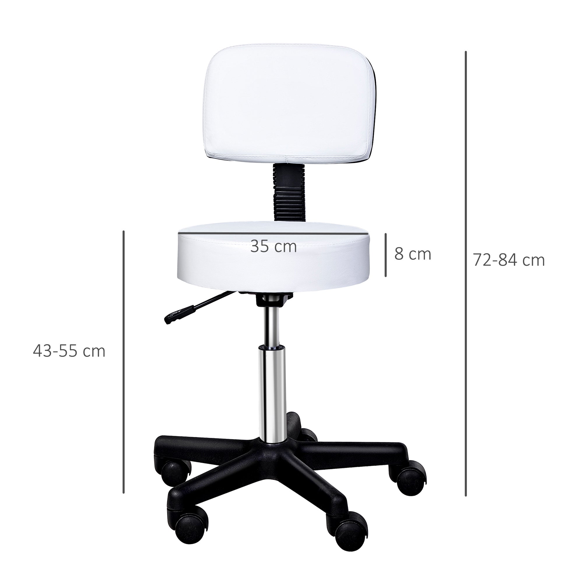Rolling Stool Height Adjustable Work Stool with Backrest, Swivel Salon Stool for Massage Office Faux Leather White Ø35 x 72-84 cm