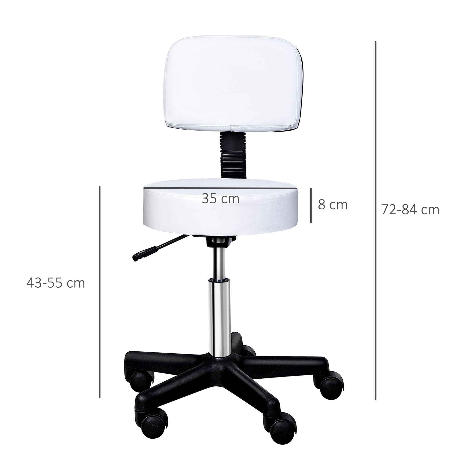 Rolling Stool Height Adjustable Work Stool with Backrest, Swivel Salon Stool for Massage Office Faux Leather White Ø35 x 72-84 cm