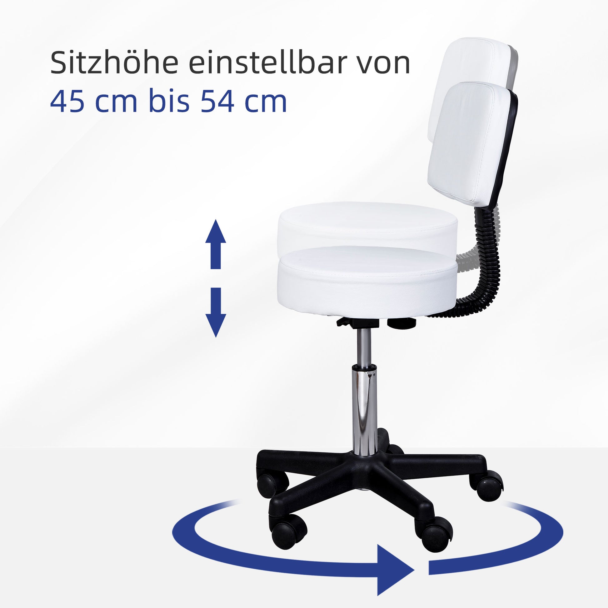 Rolling Stool Height Adjustable Work Stool with Backrest, Swivel Salon Stool for Massage Office Faux Leather White Ø35 x 72-84 cm