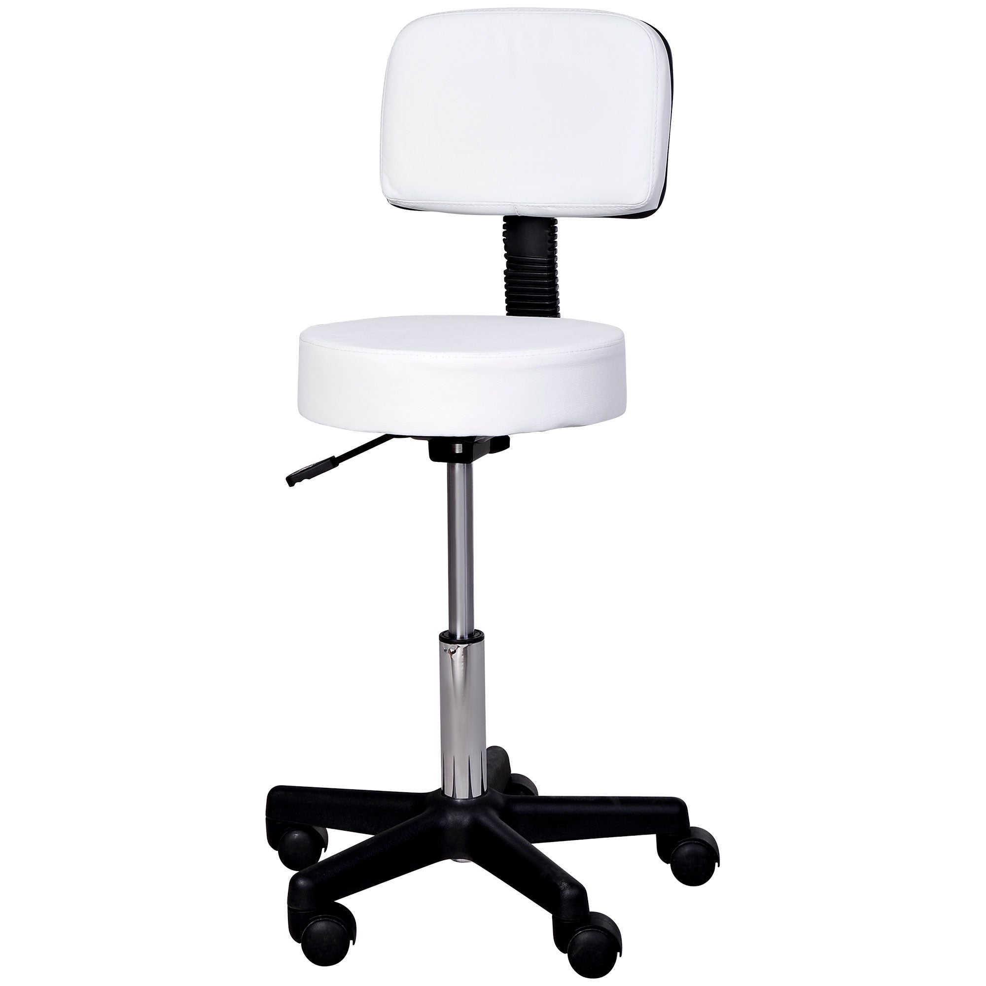 Rolling Stool Height Adjustable Work Stool with Backrest, Swivel Salon Stool for Massage Office Faux Leather White Ø35 x 72-84 cm
