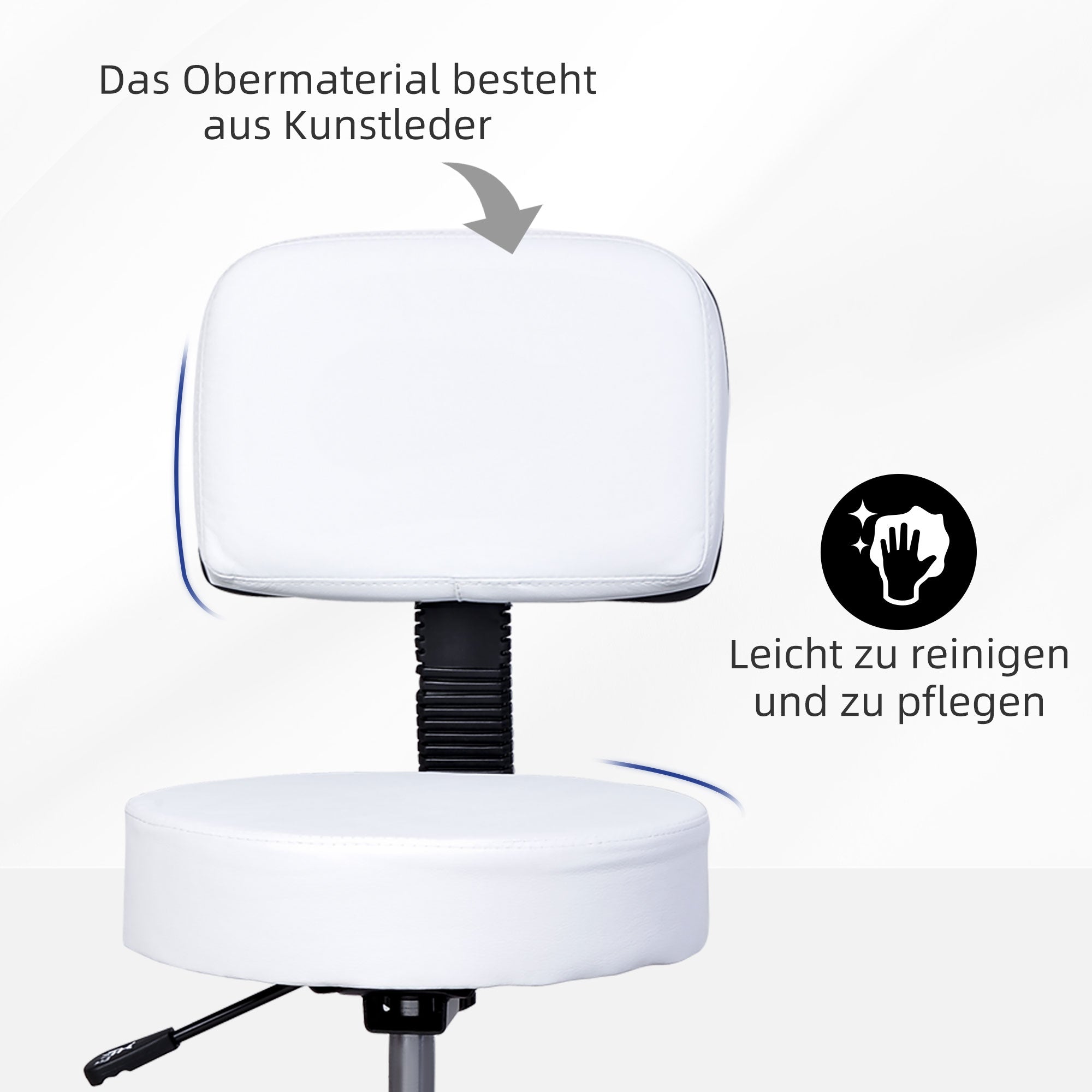 Rolling Stool Height Adjustable Work Stool with Backrest, Swivel Salon Stool for Massage Office Faux Leather White Ø35 x 72-84 cm